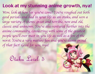 Look at my stunning anime growth, nya! 
(Otaku Level: 5)